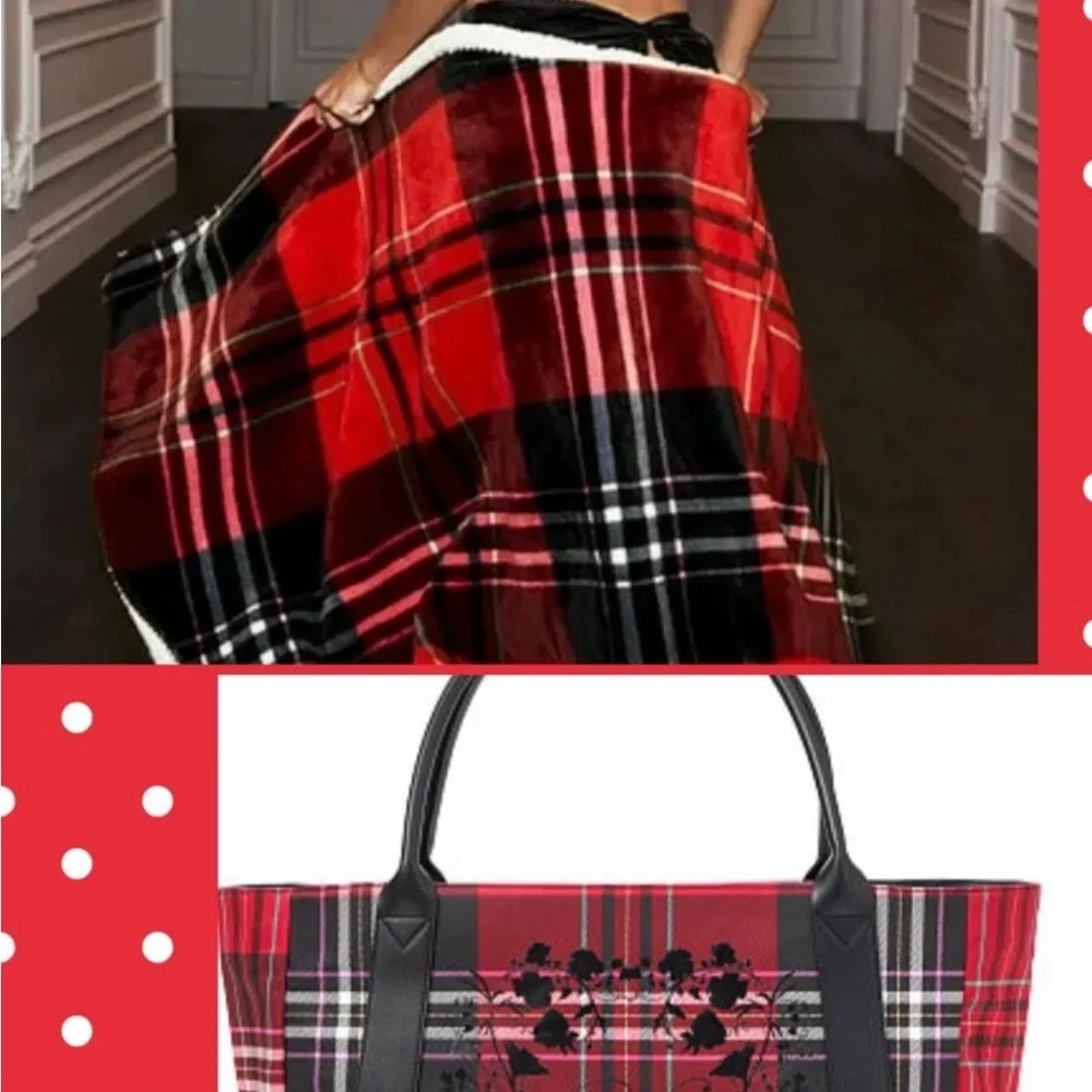 Victoria's Secret NWT Red & Black Plaid Sherpa lined Throw Blanket 50x60